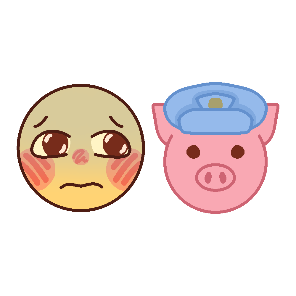  a yellow emoji face looks fearfully at a pig in a cop hat.